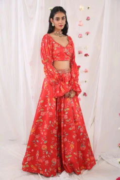 Floral Print Blouse And Lehenga Set
