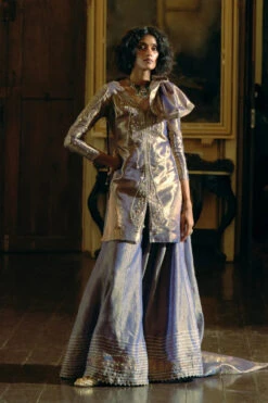 Purple Silk Zari Tissue Kurta And Sharara With Dupatta Set