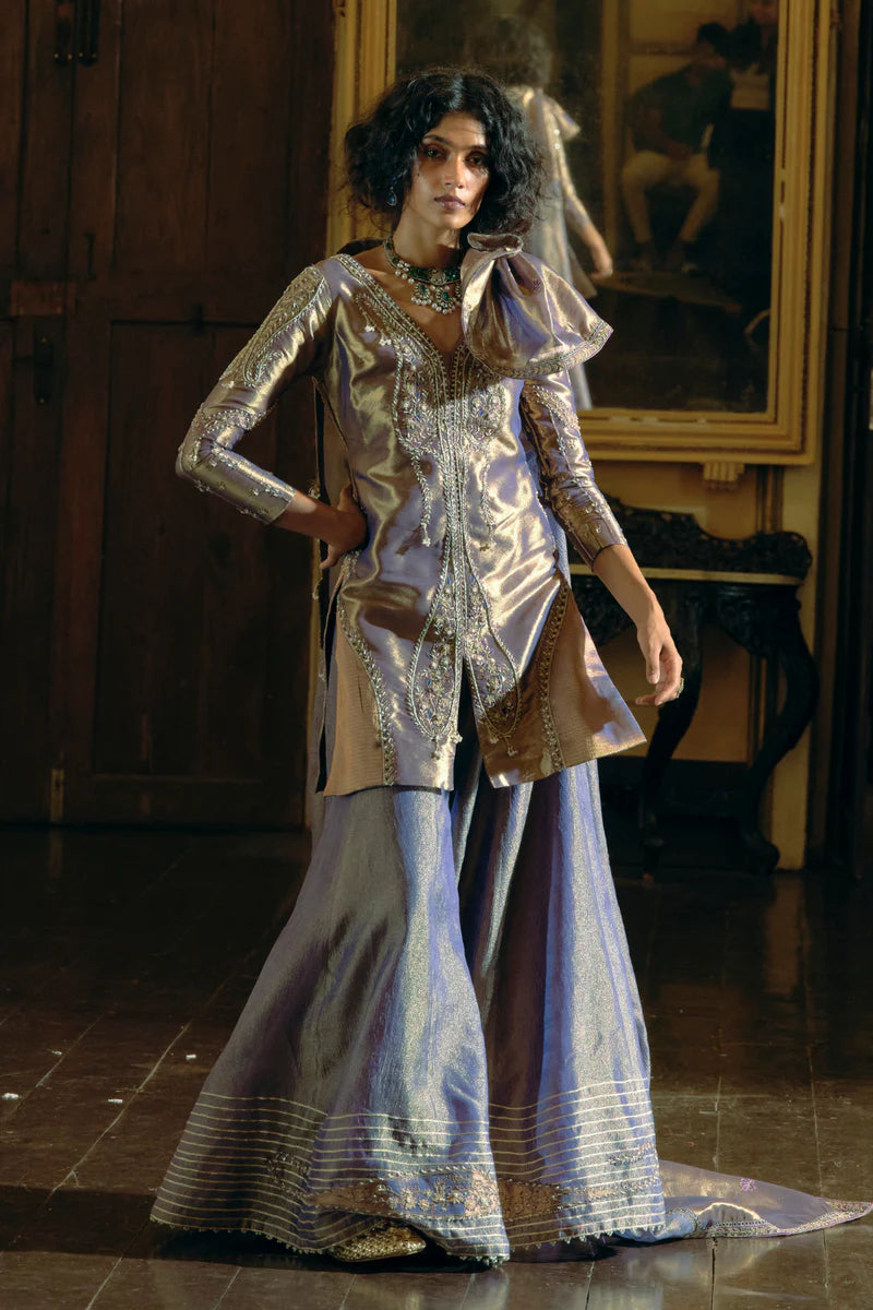 Purple Silk Zari Tissue Kurta And Sharara With Dupatta Set 2 Purple Silk Zari Tissue Kurta And Sharara With Dupatta Set - Image 2