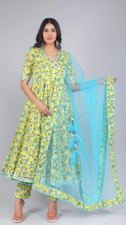 Yellow Paisely Jaal Cotton Angrakha Set