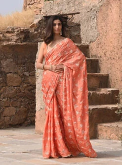 Mulmul Organza Satin Mitwa Burnt Orange Saree
