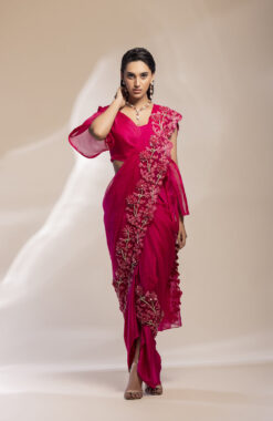 Fuchsia Pink Bustier With Jacket And A Drape Lungi Skirt