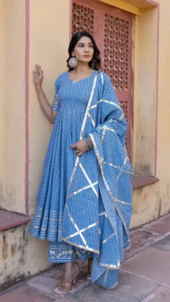Blue Booti Gotta Jaal Cotton Anarkali Set