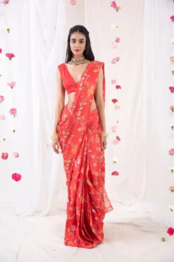 Red Printed Saree Set
