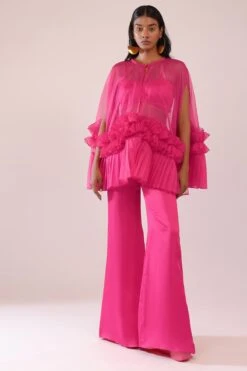 Rani Pink Indo-Western Frill Jacket & Pant Set With Bustier In Satin