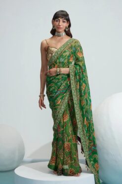 Green Organza Subha Floral Print Saree With Blouse