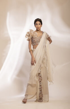 Gold Shimmer Ivory Georgette Drape Saree