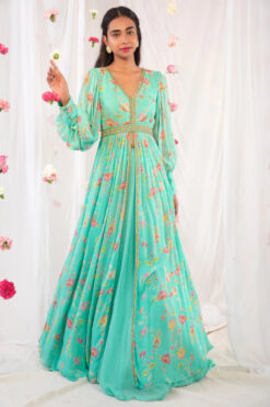 Green Georgette Printed Jacket Anarkali And Skirt Set