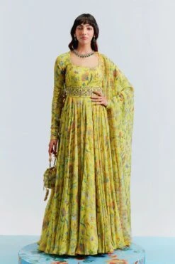 Yellow Georgette Haina Floral Print Anarkali With Dupatta