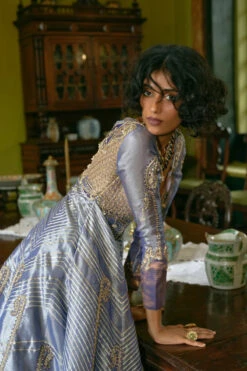 Blue Silk Zari Tissue Jacket With Skirt And Dupatta -Lillys Clothing Shop 90