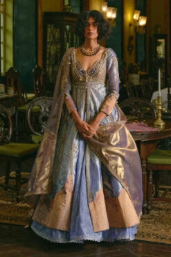 Blue Silk Zari Tissue Jacket With Skirt And Dupatta -Lillys Clothing Shop 91