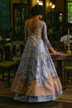 Blue Silk Zari Tissue Jacket With Skirt And Dupatta -Lillys Clothing Shop 92