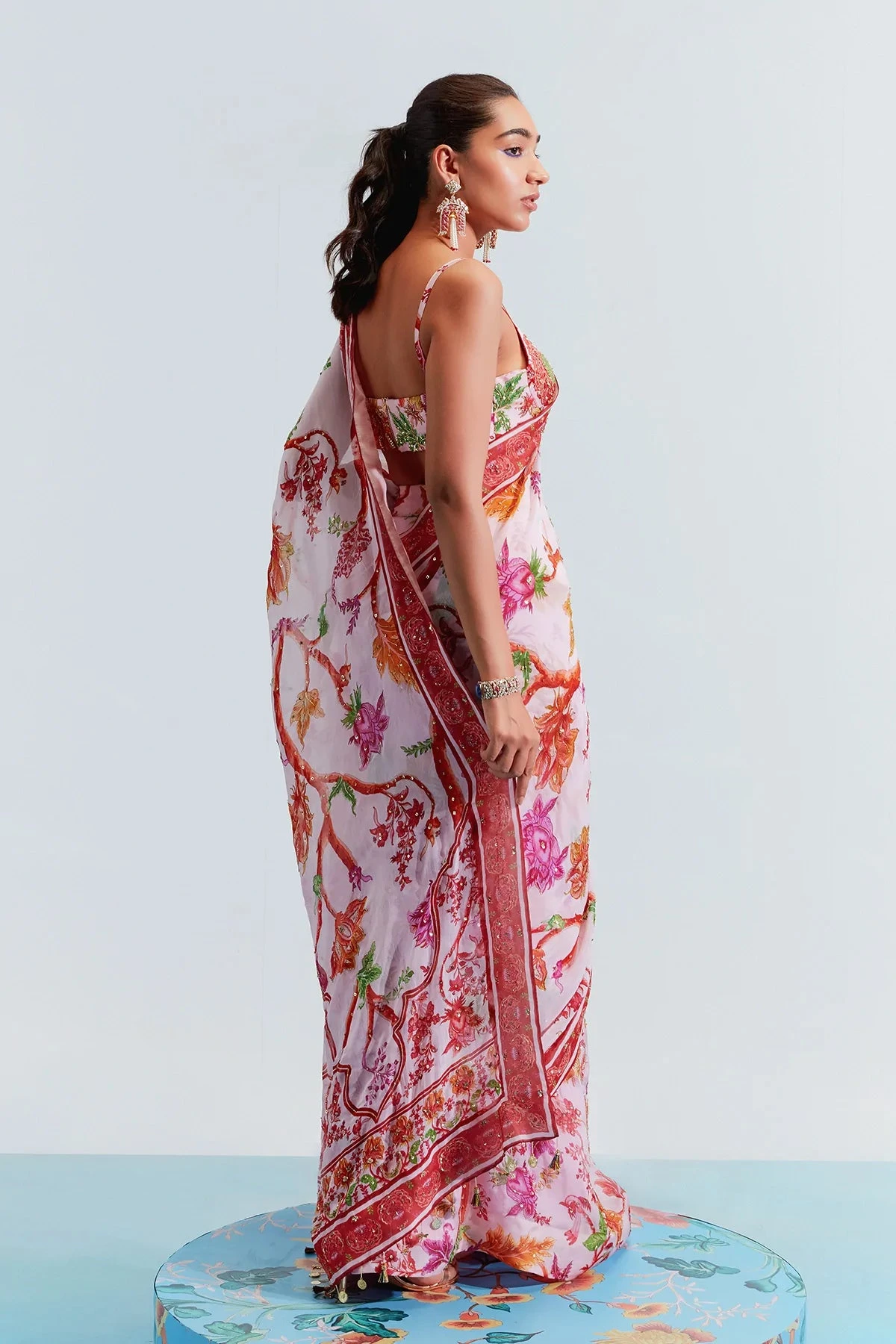 Pink Organza Satin Aisha Printed Pre-stitched Saree With Blouse 2 Pink Organza Satin Aisha Printed Pre-stitched Saree With Blouse - Image 2