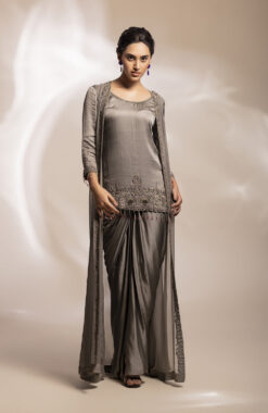 Grey Long Jacket, Lungi Drape Skirt And Kurta