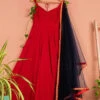 Red Anarkali With Navy Blue Dupatta