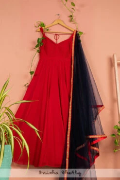 Red Anarkali With Navy Blue Dupatta