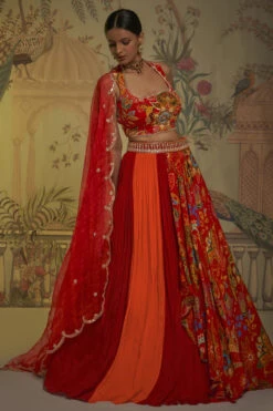 Red Orange Panel Lehenga