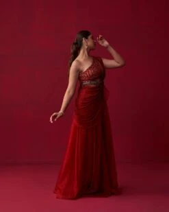 Red Glistening Waves Draped Top And Palazzo Set