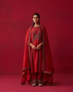 Red Metallic Bliss Kurta, Dupatta, And Palazzo Set