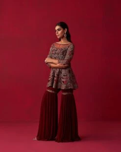Maroon Glitch Gold Peplum Top Sharara Set -Lillys Clothing Shop ADR3146 min 1800x1800 3dd658ec db17 49ca 9ed3 99b85f49e11c