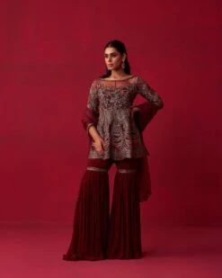 Maroon Glitch Gold Peplum Top Sharara Set
