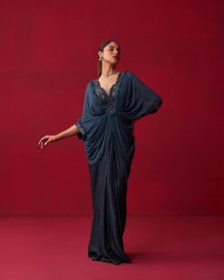 Blue Georgette Draped Top And Skirt Set