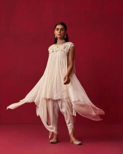 Pixelated Floral Ivory Kurta, Jacket, And Dhoti Set