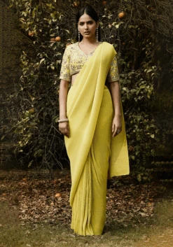 Lime Pre Draped Pleated Georgette Saree