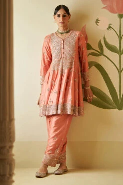 Salmon Chanderi Silk Anarkali Set