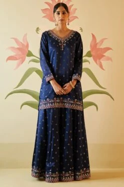 Mid Night Blue Satin Silk Sharara Set