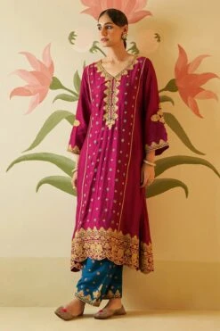 Wine Chanderi Silk Choga Set