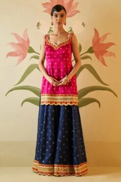 Navy Blue Satin Sharara Set