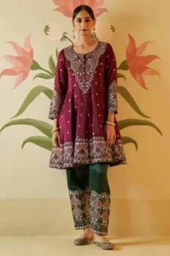 Wine Satin Silk Anarkali Set