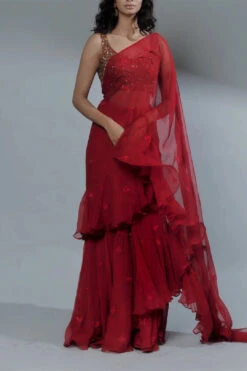Red Ruffle Drape Saree