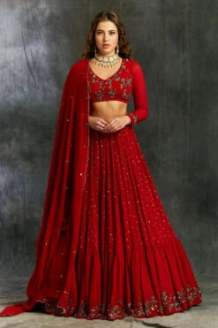 Red And Gold Georgette Booti Lehenga