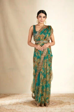 Teal Green Embroidered Organza Saree
