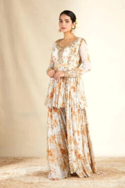 Ivory Printed Peplum With Sharara Set