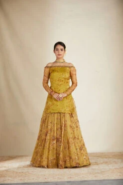 Mustard Floral Off Shoulder Organza Kurta With Skirt
