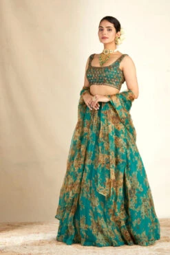Teal Green Floral Printed Lehenga