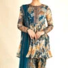 Teal Blue Floral Short Peplum With Sharara Set