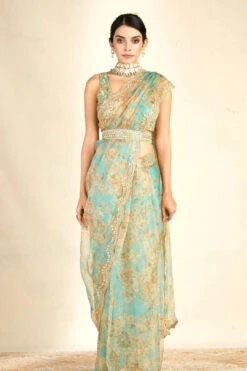 Sky Blue Printed Organza Saree