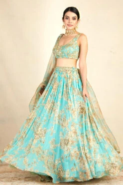 Sky Blue Printed Embellished Organza Lehenga