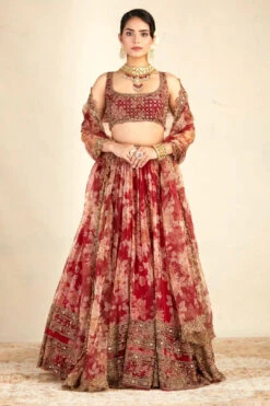 Red Printed Embellished Organza Lehenga