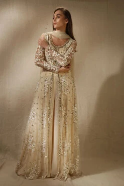 Off White Thread Work Jacket Kurta With Pants And Bustier