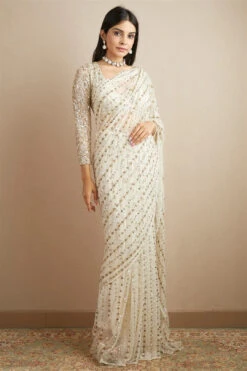 Off White Sequence And Beads Saree Set