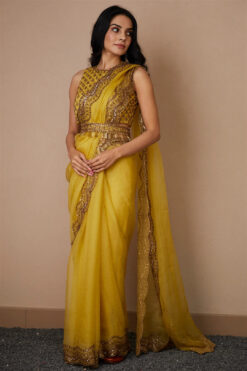 Yellow Organza Sequence And Beads Saree Set