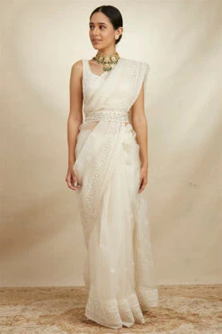 White Organza Sequence Work Saree Set