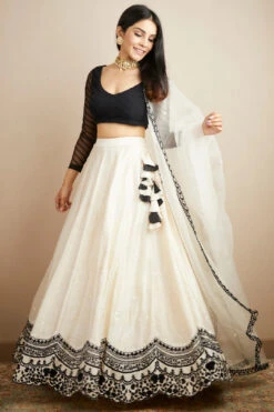 White And Black Raw Silk Lehenga Set