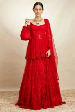 Red Peplum And Sharara Set