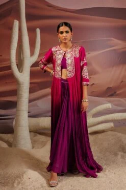Fuschia Purple Shaded Pleated Cape With Embroidered Yoke And Sleeve
